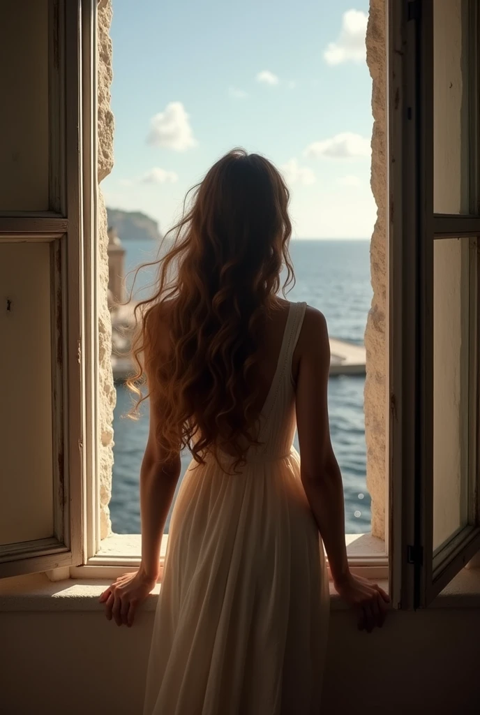 woman looking out of open window, soft blue light filtering through, surreal atmosphere, sea breeze flowing through curtains, barely perceptible distinction between dress fabric and sky, woman's curls like waves, detailed portrait, photorealistic, cinematic lighting, dreamlike, muted color palette, (best quality,8k,highres,masterpiece:1.2),ultra-detailed,(realistic,photorealistic,photo-realistic:1.37),portrait,chiaroscuro,natural lighting,muted tones,soft focus,ethereal,serene,contemplative
