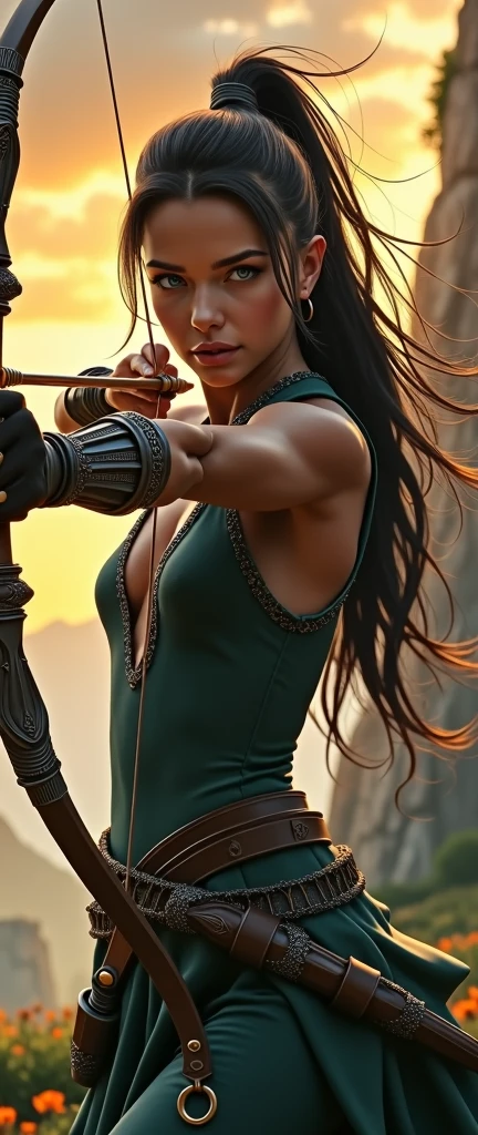 ((1 girl, dynamic archer stance, detailed archery stance:1.5)), intricate arch, dramatic movement, Eye-catching silhouette, flowing hair, intense focus, muscular physique, realistic skin texture, high quality, 8k, cinematic lighting, dramatic shadows, warm color tones, vibrant colors, fantasy landscape background, lush vegetation, Rocky cliff, dramatic sky, dynamic action, Striking composition, masterpiece, photorealistic, hyper detailed