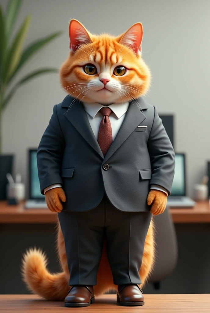 An orange cat that walks on two legs and he has to be very cute he has to be realistic and work as a businessman much more very realistic more realistic