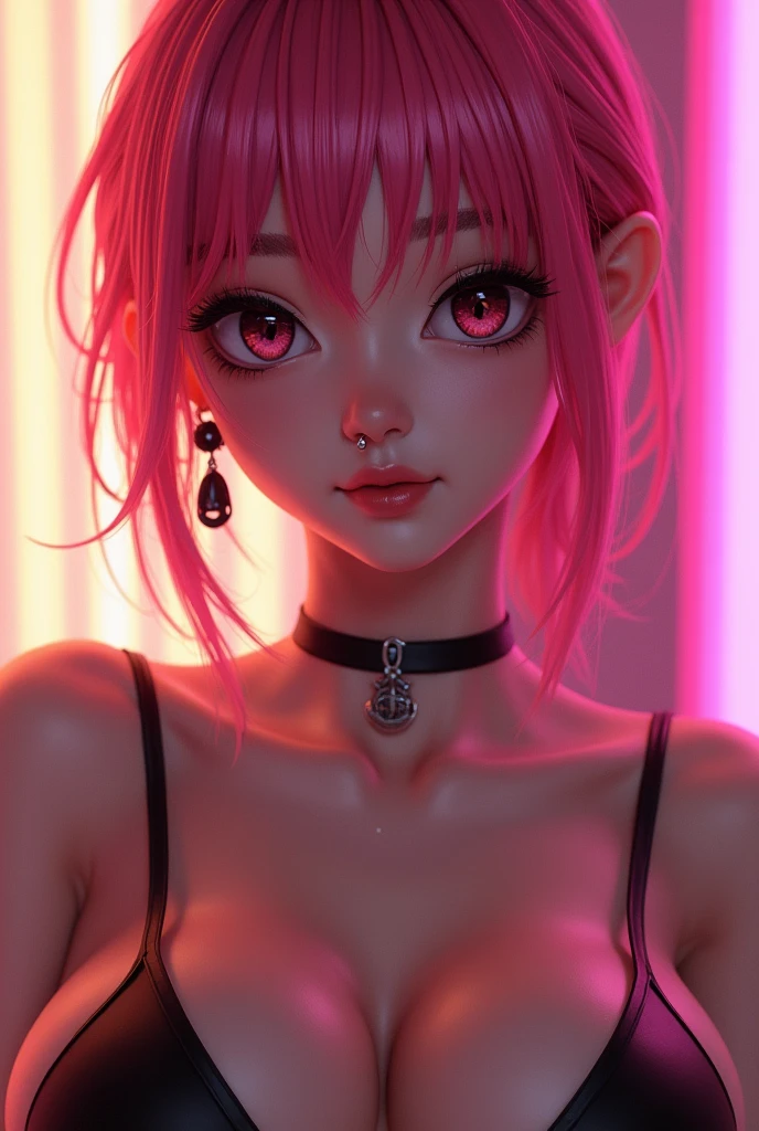 ,日本のfemale、female）、Small bra、navel piercing、Huge breasts that feel like they&#39;re about to explode、blonde、1、thin、(Uhigh resolution, retina, masterpiece, accurate, anatomically correct, textured skin, very detailed, Advanced details, high quality, 最high quality, high resolution, 1080P, high resolution, 4K, 8k, 16,000), (beautiful beautiful eyes, beautiful and delicate lips, very detailed目と顔), soft lighting, Physically Based Rendering, bright colors, (((big bust, glamorous body:1.6))), (choker, earring, leather, stopper), (portrait, bob cut, shiny hair, glowing skin, blush), (bokeh), eye reflection, (Shocking pink hair:1.2)