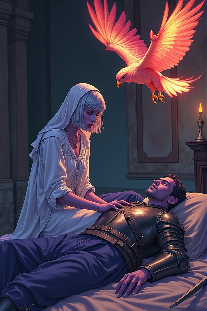 (Ultra-detailed face, looking away, Fantasy Illustration with Gothic, Ukiyo-e, Comic Art, Rich colors), 
BREAK 
(A female dark elf healer is tending to a wounded male knight in iron armor lying on the floor, attempting to channel the god she worships. A flame-clad falcon flutters widely above the knight, and an aura of fiery life flows from the falcon's body into the knight's body.), 
BREAK 
(The place is a medieval European-style church room used as a field hospital. It is dark outside and there is a small lamp in the room.), 
BREAK 
(DarkElves: A young-aged dark elf woman with silver color hair, blunt bangs, bob cut and dark purple color skin, lavender color eyes.), 
BREAK 
(DarkElves: A female dark elf healer wears a white veil, a simple robe of lacy linen, a blue tunic, and white nurse's shoes.)