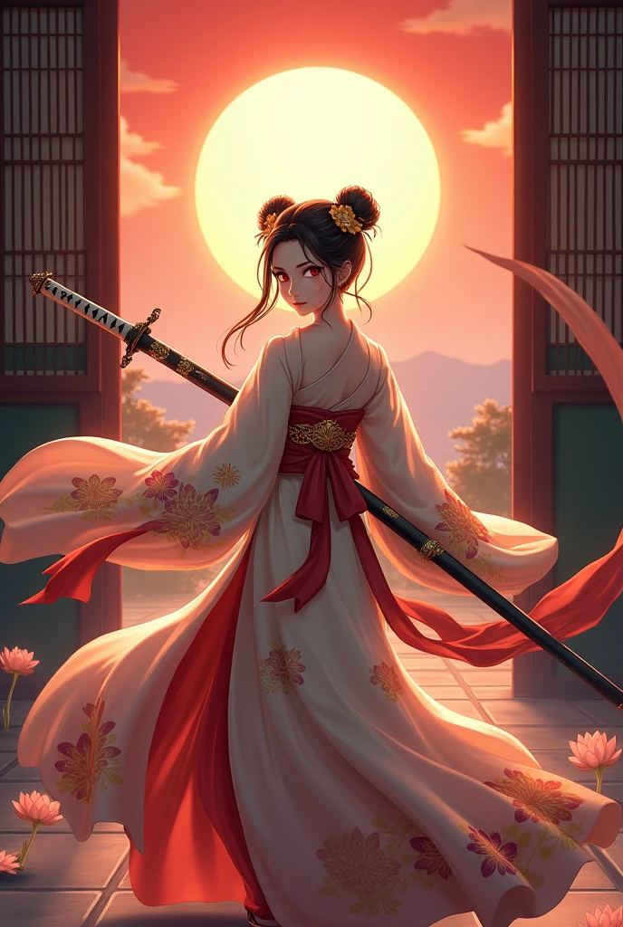 A Pretty Girl with red rose eye color ,Wear A Lotus flower pattern kimono the kimono is long with 4 scarves that float freely,with Bun Hime cut hairstyle With gold colored flower hair decoration and 4 crossed hairpins, Carrying One Katana and Japanese Folding Fan Behind her there is a medium sized sword,The setting is in a Japanese castle corridor, with a view of a solar eclipse. Floating With grace and beauty