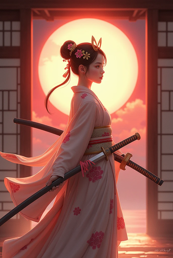 A Pretty Girl Age 17 with red rose eye color ,Wear A Lotus flower pattern kimono the kimono is long with 4 scarves that float freely,with Bun Hime cut hairstyle With gold colored flower hair decoration and 4 crossed hairpins, Carrying One Katana and Japanese Folding Fan Behind her there is a medium sized sword,The setting is in a Japanese castle corridor, with a view of a solar eclipse. Floating With grace and beauty