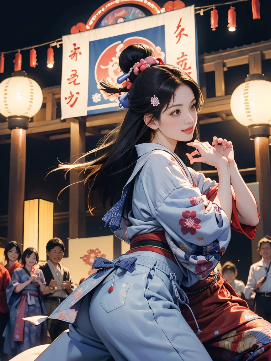 (Japan Bon Odori,最高masterpiece,Highest quality), Hot August,Brown and black bob hair,In the park square,(They dance in a circle around a stage decorated with lanterns.),Bright vibrant anime art,People of all ages and genders dance and dance, Dancing in yukata,Laughing and dancing, Showing white teeth,Men and women dance in a circle, masterpiece,Highest quality,High resolution,