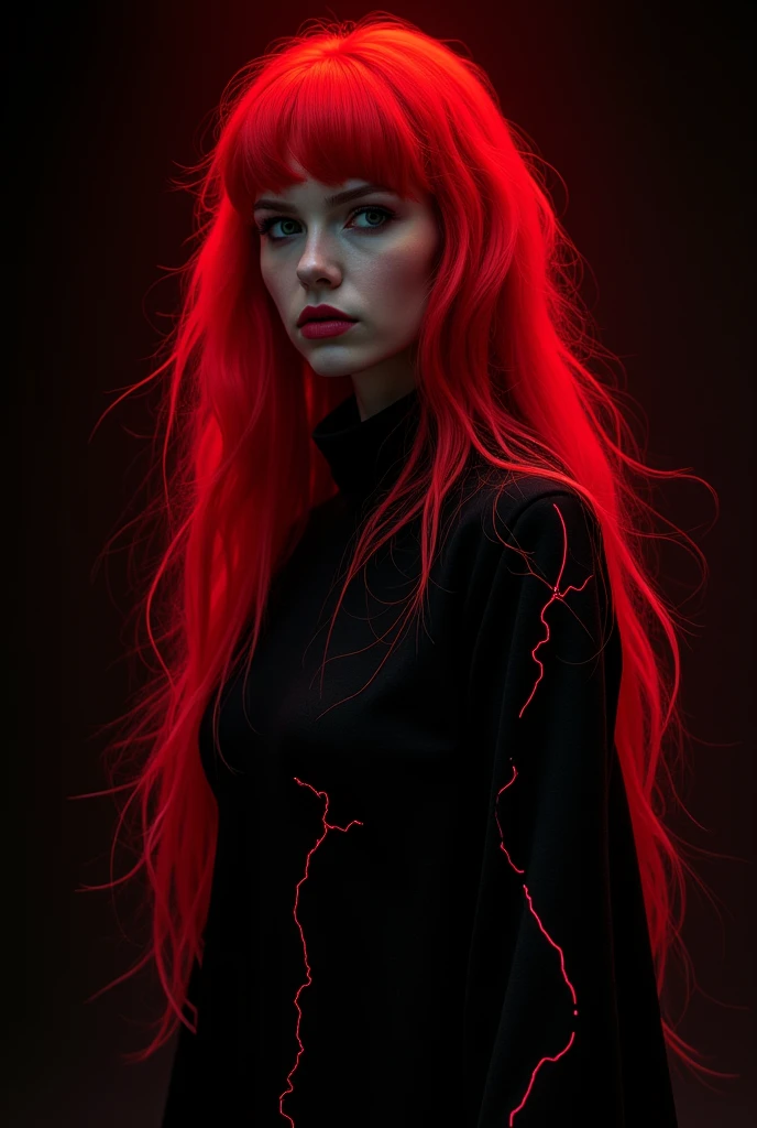 a woman with long red hair standing in front of a black background, In the style of Ilya Kuvshinov, emitting an evil red aura, red neon, by Hiromu Arakawa, 2020s promotional art, photography of a woman in techwear, 21:9 , comic book cover