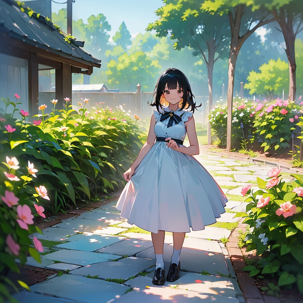 (high quality, High resolution, Very detailed, reality:1.37), Peaceful atmosphere, (Outdoor, garden), age girl standing alone, (my breasts are big.), Beautiful details, Cute Smile, (Black bob hair), White sleeveless dress, White socks, loafers.