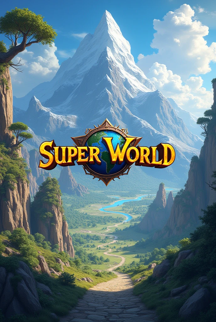 The home screen of an open world RPG game, called super world, this screen has the name of the game