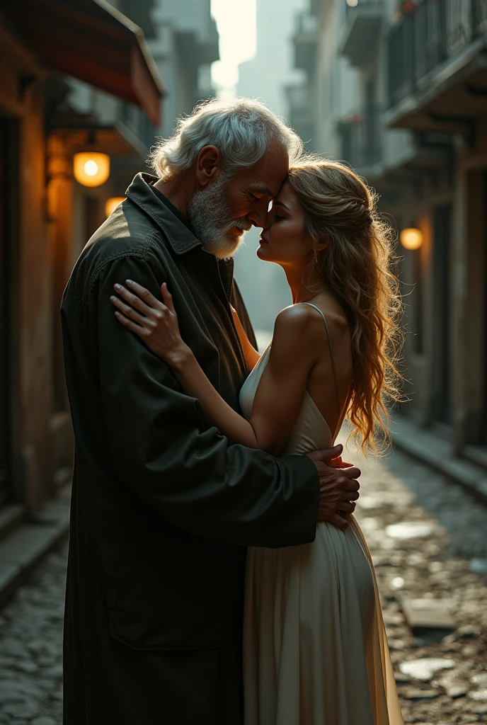 a fat old homeless black man, a rich beautiful blonde woman, kissing, extremely detailed, cinematic lighting, dramatic composition, epic romance, photorealistic, 8k, high quality, masterpiece, hyper realistic, dramatic atmosphere, stunning colors, dynamic pose, intense emotion, chiaroscuro lighting, classical art style, oil painting