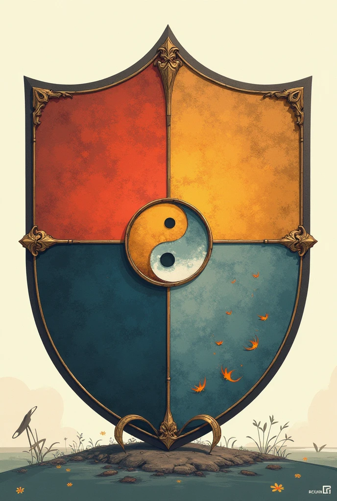 Shield divided into four quadrants: Each quadrant could represent a key emotion (happiness, sadness, Ira, calm). In the middle, where the quadrants meet, You could place a balance symbol or a yin-yang, indicating how all emotions come together and are managed to achieve harmony.
