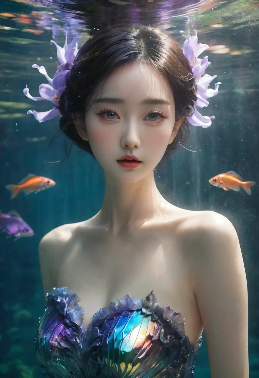 Asian beauty underwater, Herpen Iris, Sophisticated, To, gill, darkness, Iridescent, full length representation，season，解剖学的To正しい