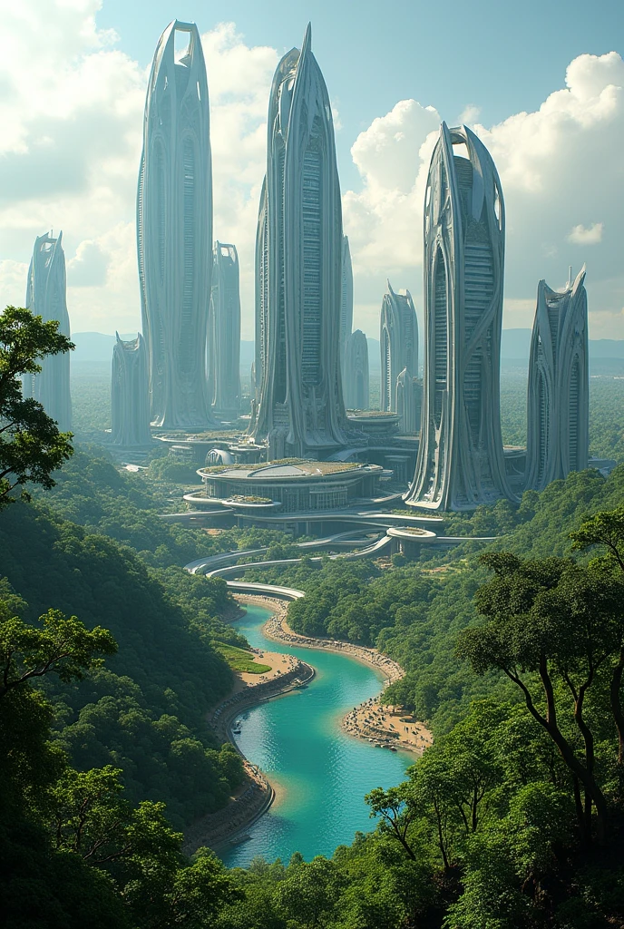 Create an illustration of the upper region of Brazil, using technology, the region's natural resources and culture to form a city of the future.