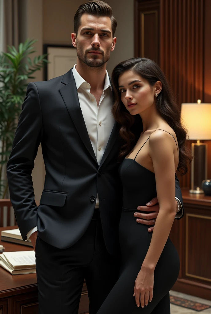 Handsome man with girl on side behind an office