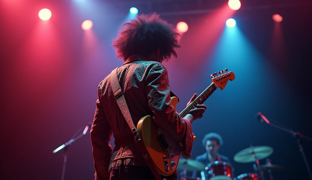 a photorealistic portrait of Jimi Hendrix playing guitar on stage, seen from behind, ultra detailed, dramatic lighting, vibrant colors, (best quality,8k,highres,masterpiece:1.2),ultra-detailed,(realistic,photorealistic,photo-realistic:1.37),professional studio lighting,dramatic atmosphere,guitar virtuoso,live performance,musician,rock star,iconic,legendary