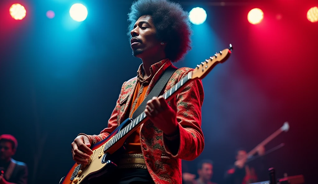 a photorealistic portrait of Jimi Hendrix playing guitar on stage, seen from behind, ultra detailed, dramatic lighting, vibrant colors, (best quality,8k,highres,masterpiece:1.2),ultra-detailed,(realistic,photorealistic,photo-realistic:1.37),professional studio lighting,dramatic atmosphere,guitar virtuoso,live performance,musician,rock star,iconic,legendary
