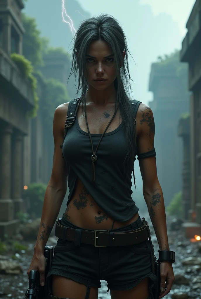 A cutscene from the video game "Tomb Raider",

post apocalyptic,
storms clouds roiled,
lightning flared,
rainy weather,

In an ancient temple belonging to a vanished civilization,

Dawn, Mist, haze, fog,

Lara Croft, 40 years old, fantasy adventurer, slim face,
nordic face, faucets, greying hair, ((white hair)),

black jumpsuit, cargo shorts, fine fabric, shreds, clothes torn apart, ripped clothes, damaged clothes, torn fabric,

sweat, bruises, scratches,

Front view, facing the camera, fierce look, ready to fight, exhausted,

well defined face,

Real human,
