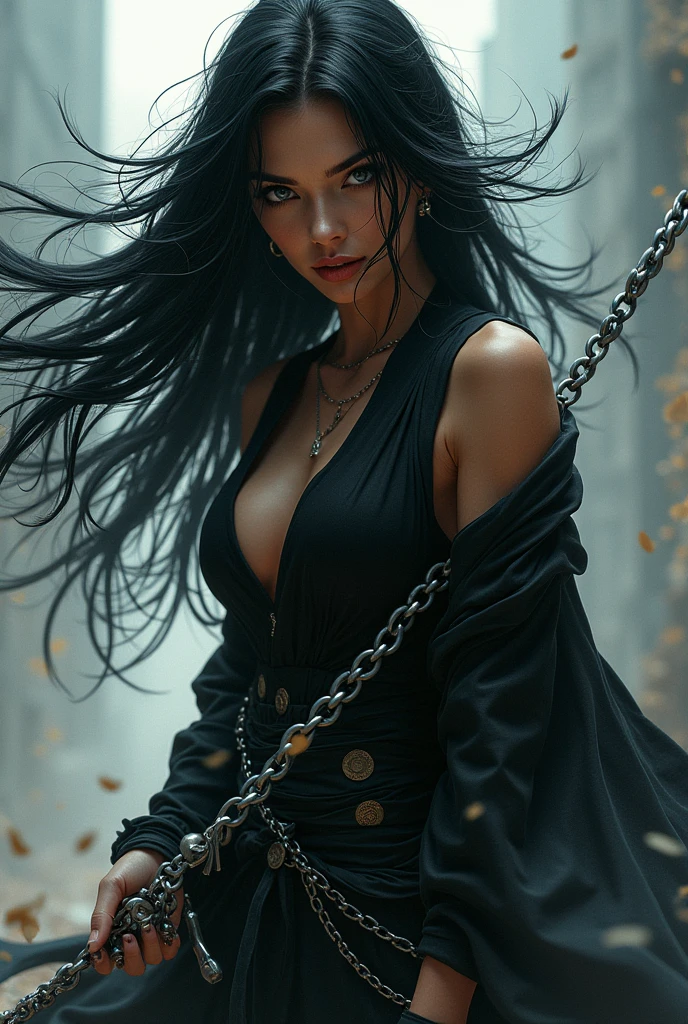 a female ninja with flowing black hair, intricate chained weaponry, chains emanating from all directions, chains flying randomly towards the viewer, strong sense of depth and perspective, highly detailed, ultra-realistic, cinematic lighting, dramatic color palette, masterpiece, award-winning digital art