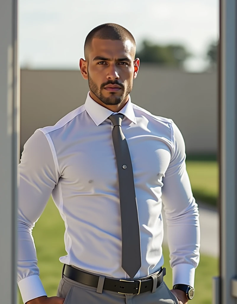 "A candid, highly realistic image of a 3 light-skinned Brazilian man with closely cropped short brown hair and brown eyes. He is dressed in a light gray uniform, consisting of fitted dress pants, that accentuate his bulge and figure and black socks, black dress shoes, and a white short-sleeved button-down shirt tucked into his pants. The man has a clean-shaven face, no mustache or beard, and displays firm arms. He stands at the room with a serious expression and a hint of sensuality in his gaze. The scene captures him in a full-body shot with natural textures and realistic lighting. The image is editorial in style. ((big butt))