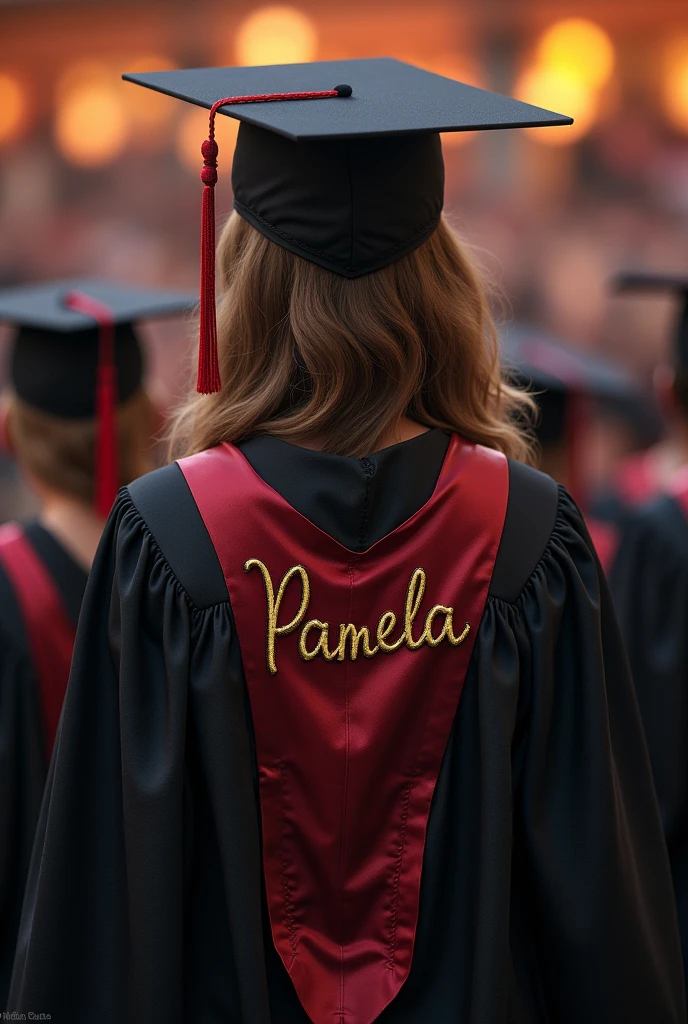 A graduation gown with Pamela's name on it