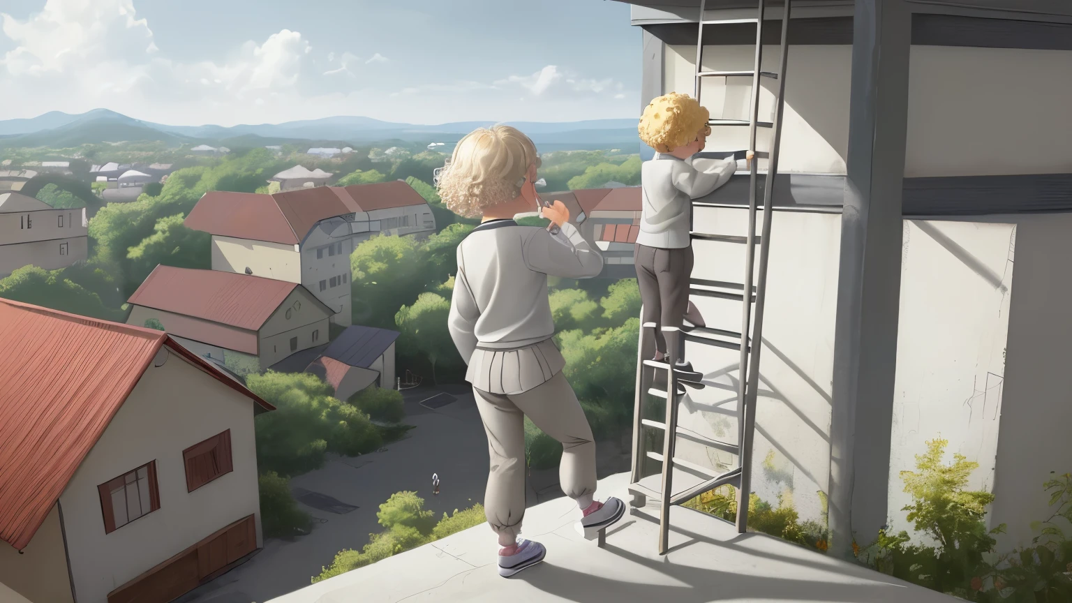 Zdenka Hoa, ten-year-old girl, white, with blonde curly hair, light gray blouse, long sleeves, brown pants, gray sneakers, view from the back, climbing a ladder, looking up, children's book illustration style, art anime