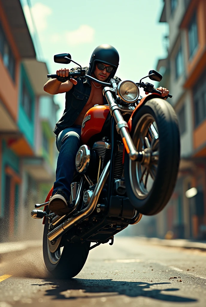 Man riding a Harley Davidson motorcycle wheelie armed in the favela 