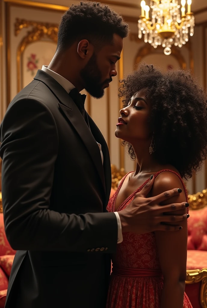 A beautiful African woman is standing and her breasts are big and she is giving milk to a rich man and she is receiving money in return