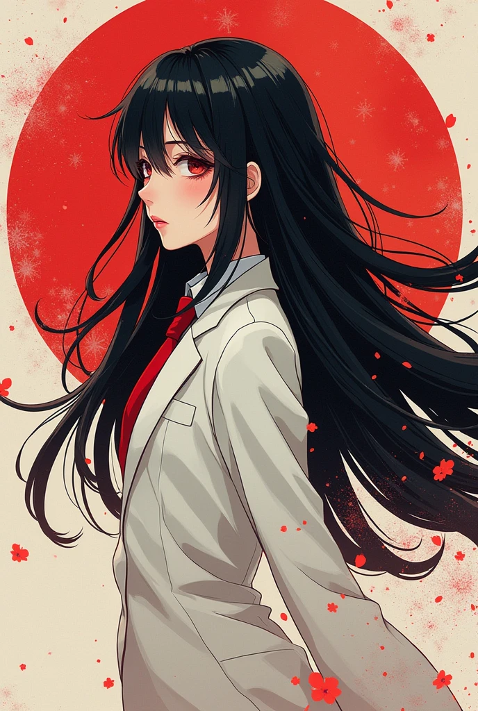 illustration, glitch art, Digital noise, hatsune miku, Deep and charming eyes, super detailed, Hatsune Miku wearing a white suit, American comic style, amazing moment,The girl in red, Back focus, flowing long black hair, Chinese painting, ink style. Four seasons, visual effects, Warm colors, Distortion-free composition, romantic, Smooth lines, flat canvas, HD textures, visual warmth, and tranquility.