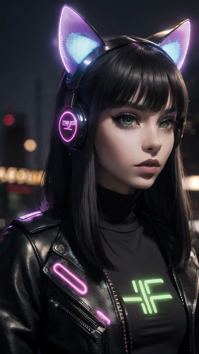 masterpiece, Best Quality, high angle, city at dusk, 1 girl, alone, Pale skin, Profile 3/4, cat ears, cybernetic arms, neon lights on their clothes and cybernetic augmentations, 3D, hyperrealistic, realist, young girl, sexy, beautiful face, cyberpunk kitty ears, cyberpunk style, beautiful, showy, selfie, neon lights, intricate details, smooth skin, hyperrealistic, side glance, foreshortening, 8k extremadamente detallado, seeds, High resolution, ultra quality, very detailed cat eyes, very detailed mouth, Very detailed face, Perfect eyes, the eyes are like a cat&#39;s, true light, Glare, iridescent, global illumination, real hair movement, neon city light, real shadow, The real way, High Definition, 2k, 4k, 8k, 16k, luz realist, bright Eyes, purple eyes, fluorescent eyes, neon light