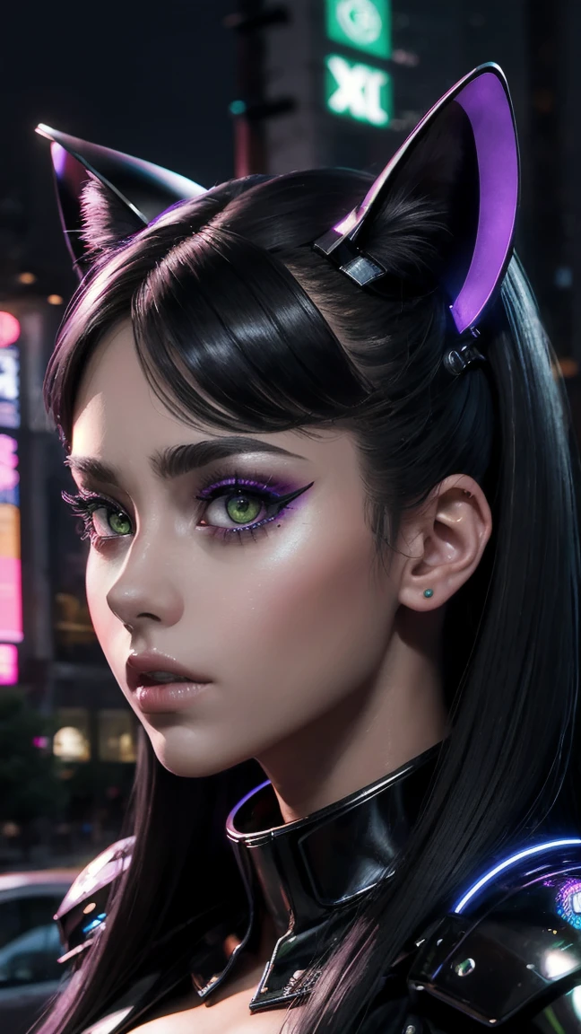 masterpiece, Best Quality, high angle, city at dusk, 1 girl, alone, Pale skin, Profile 3/4, cat ears, cybernetic arms, neon lights on their clothes and cybernetic augmentations, 3D, hyperrealistic, realist, young girl, sexy, beautiful face, cyberpunk kitty ears, cyberpunk style, beautiful, showy, selfie, neon lights, intricate details, smooth skin, hyperrealistic, side glance, foreshortening, 8k extremadamente detallado, seeds, High resolution, ultra quality, very detailed cat eyes, very detailed mouth, Very detailed face, Perfect eyes, the eyes are like a cat&#39;s, true light, Glare, iridescent, global illumination, real hair movement, neon city light, real shadow, The real way, High Definition, 2k, 4k, 8k, 16k, luz realist, bright Eyes, purple eyes, fluorescent eyes, neon light