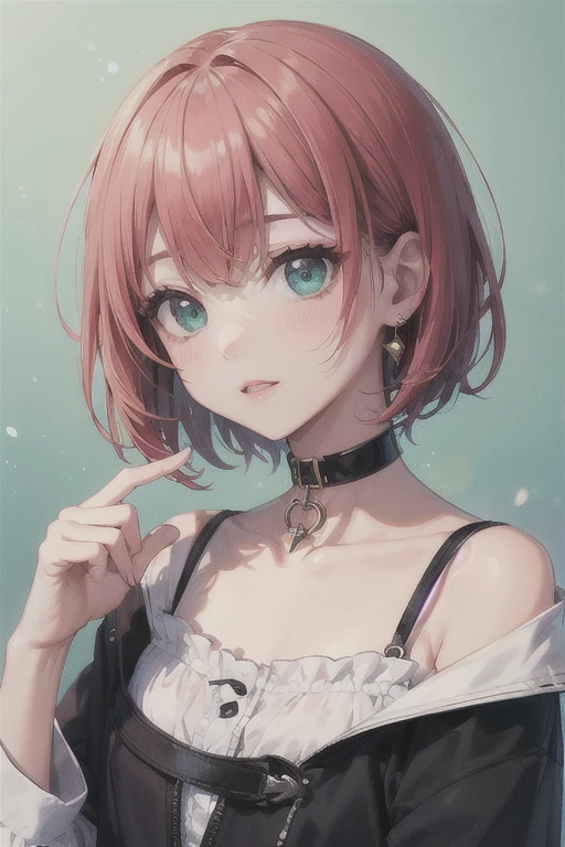 ((Highest quality))、(Highest quality)、cute、(choker).eyes are emerald、Short Bob、