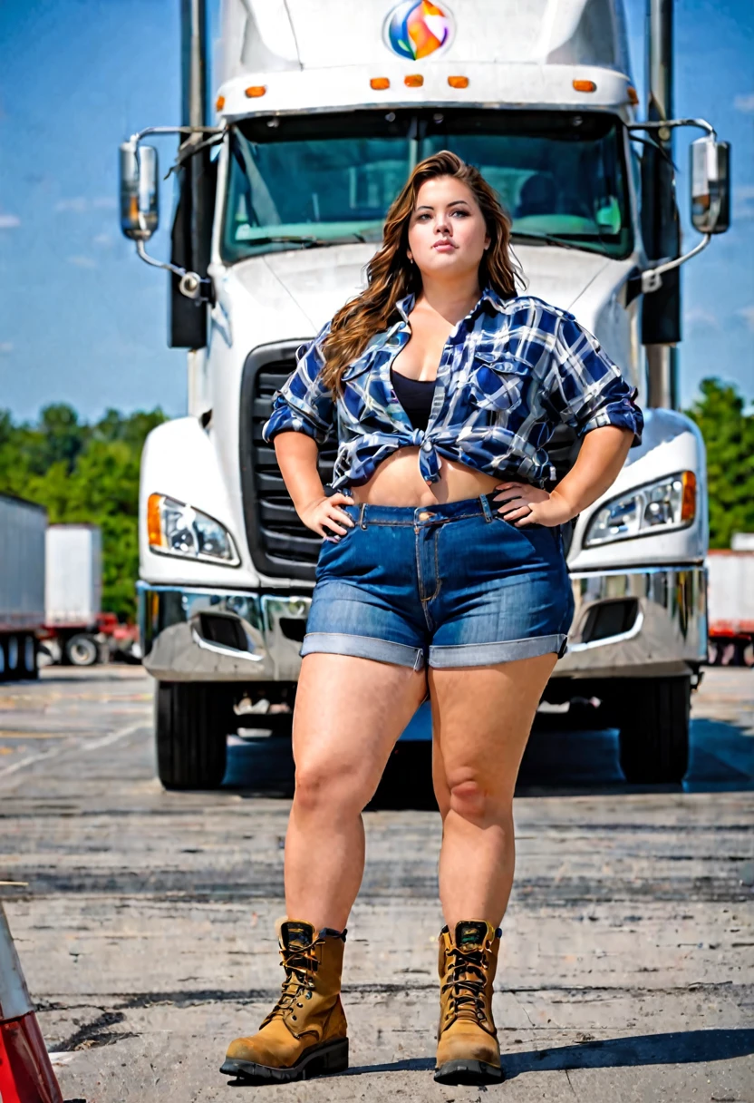 Acute woman (lovely face, a little chubby, moderate bust, big butt, flannel shirt open, blue jean shorts, work boots), posing next to her huge semi (tractor trailer, gas station parking lot