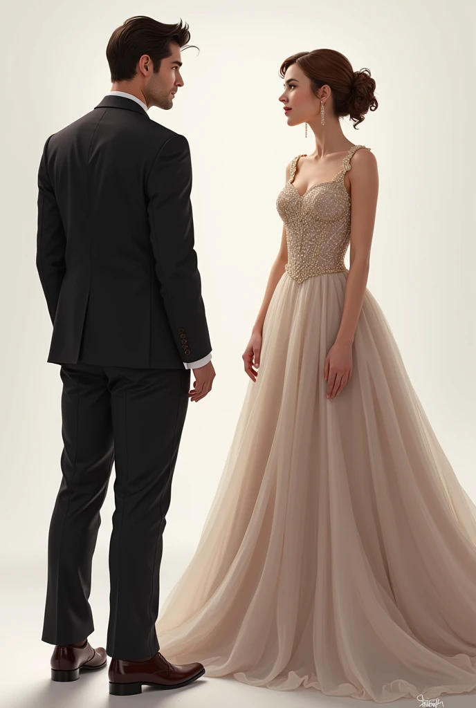 Man in suit with back turned and woman in prom dress facing camera