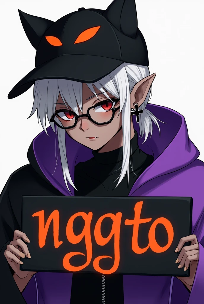 young man, Black skin tone, dark red eyes, elf ear small size, black earring in the shape of a cross but with two ears, wears prescription glasses, White hair, hair tied with ponytail, 2 strands of hair in the front, wears a black cap with a cat face, wears a closed hood with two different colors, black on one side and purple on the other, com um nome laranja Written: NGGTO. Holding a sign with a side cut that divides the colors black and purple, Written: NGGTO 