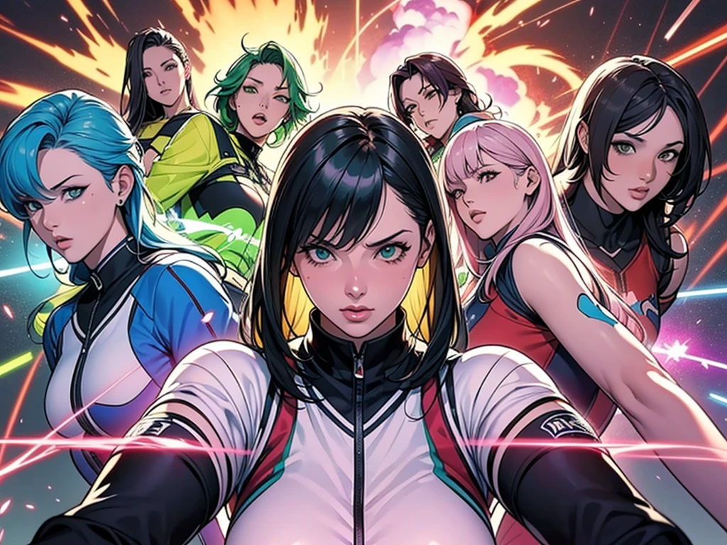 A brave and daring image of the six-woman Ranger team, Each is decorated with the following vibrant colors:: neon pink, Sky blue, Fire engine red, plasma violet, Fluorescent Green, shocking yellow. A dynamic pose with a background that oozes energy and courage.。, Embodying the essence of the classic Sentai superhero team. Each Ranger's outfit is sleek and modern, Each color has elements that reflect its theme., Ready for action. ((camel toe))
