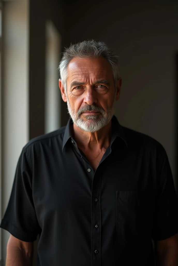 a 40 year old man, standing, looking at the viewer, wearing a black shirt, (best quality,4k,8k,highres,masterpiece:1.2),ultra-detailed,(realistic,photorealistic,photo-realistic:1.37),HDR,UHD,studio lighting,ultra-fine painting,sharp focus,physically-based rendering,extreme detail description,professional,vivid colors,bokeh,indoors,blurry background,
