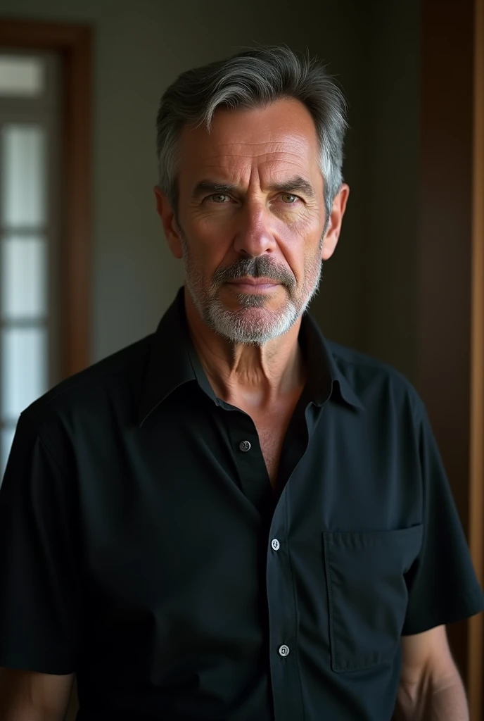 a 40 year old man, standing, looking at the viewer, wearing a black shirt, (best quality,4k,8k,highres,masterpiece:1.2),ultra-detailed,(realistic,photorealistic,photo-realistic:1.37),HDR,UHD,studio lighting,ultra-fine painting,sharp focus,physically-based rendering,extreme detail description,professional,vivid colors,bokeh,indoors,blurry background,