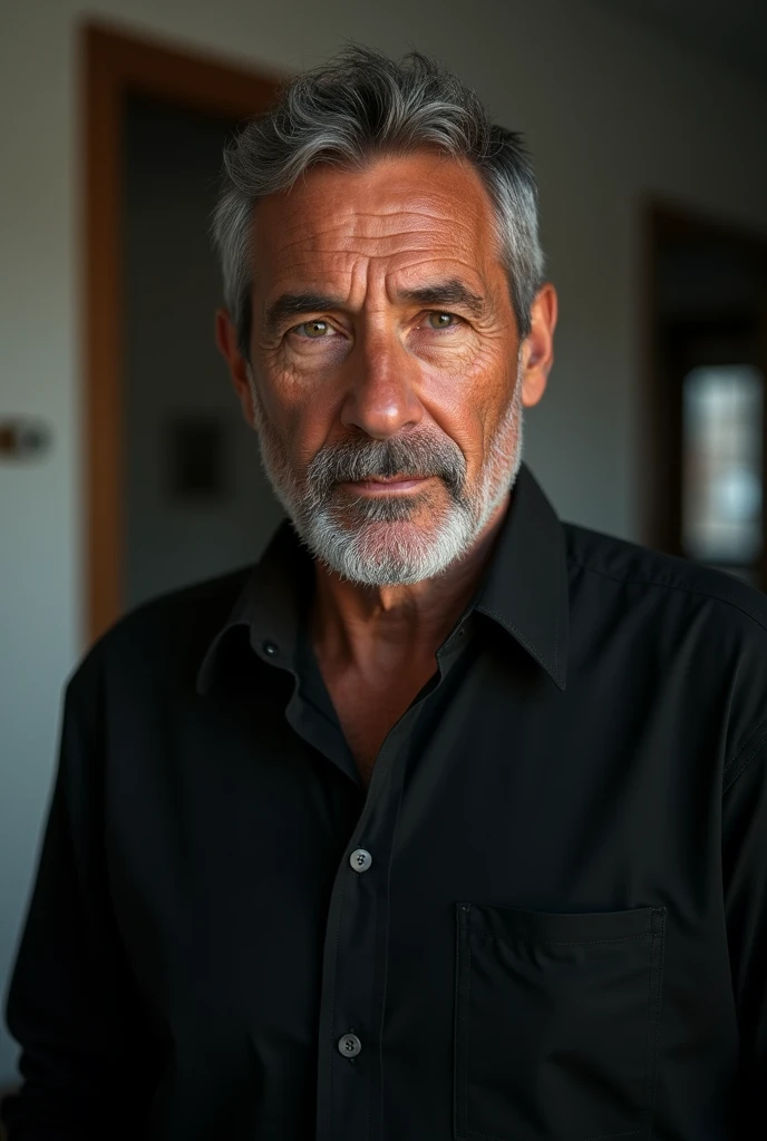 a 40 year old man, standing, looking at the viewer, wearing a black shirt, (best quality,4k,8k,highres,masterpiece:1.2),ultra-detailed,(realistic,photorealistic,photo-realistic:1.37),HDR,UHD,studio lighting,ultra-fine painting,sharp focus,physically-based rendering,extreme detail description,professional,vivid colors,bokeh,indoors,blurry background,