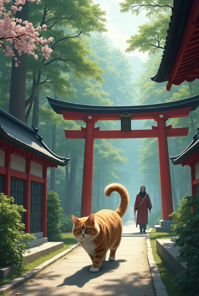 A cat at a Japanese shrine guides worshippers to the main hall。The cat walks in front、A person is walking behind a cat