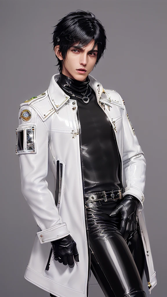 ((Final fantasy taste and reality graphics)), ((Japanese young cute and cool ikemen boy)), his age is early 20s, thin eyebrows and beady eyes, ((((he wearing white color and very shining brightly enamel leather very thick single-brest jacket)))), ((with epaulet)), ((enamel leather jacket close all zippers)),, ,(( jacket collar is very high length stand-up collar with belts)), , (((also wearing black color turtleneck very shining brightly enamel leather shirts))), (((tight black and very shining brightly enamel leather pants))), ((((very shining brightly black enamel leather tight and thin glove)))), ((black color and vety shining brightly leather knee-high raceup boots)),head-to-toe, whole body, boy looks like fashion model,Do not show skin from the neck down,(((all his clothes are smooth design and very shining))),(((Avoid adding unnecessary decorations to your clothes))),(((all clothes is simple design and appearance)))
