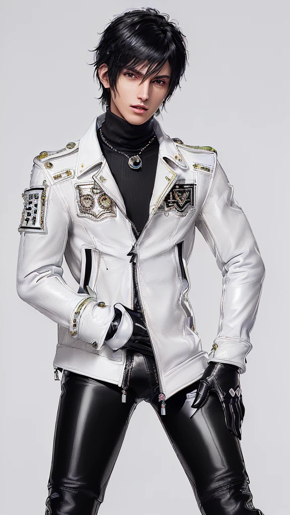 ((Final fantasy taste and reality graphics)), ((Japanese young cute and cool ikemen  boy)), his age is early 20s, thin eyebrows and beady eyes,  ((((he wearing white color and very shining brightly enamel leather very thick single-brest jacket)))), ((with epaulet)), ((enamel leather jacket close all zippers)),, ,(( jacket collar is very high length stand-up collar with belts)), , (((also wearing black color turtleneck very shining brightly enamel leather shirts))),  (((tight black and very shining brightly enamel leather pants))), ((((very shining brightly black enamel leather tight and thin glove)))), ((black color and vety shining brightly leather knee-high raceup boots)),head-to-toe, whole body, boy looks like fashion model,Do not show skin from the neck down,(((all his clothes are smooth design and very shining))),(((Avoid adding unnecessary decorations to your clothes))),(((all clothes is simple design and appearance)))