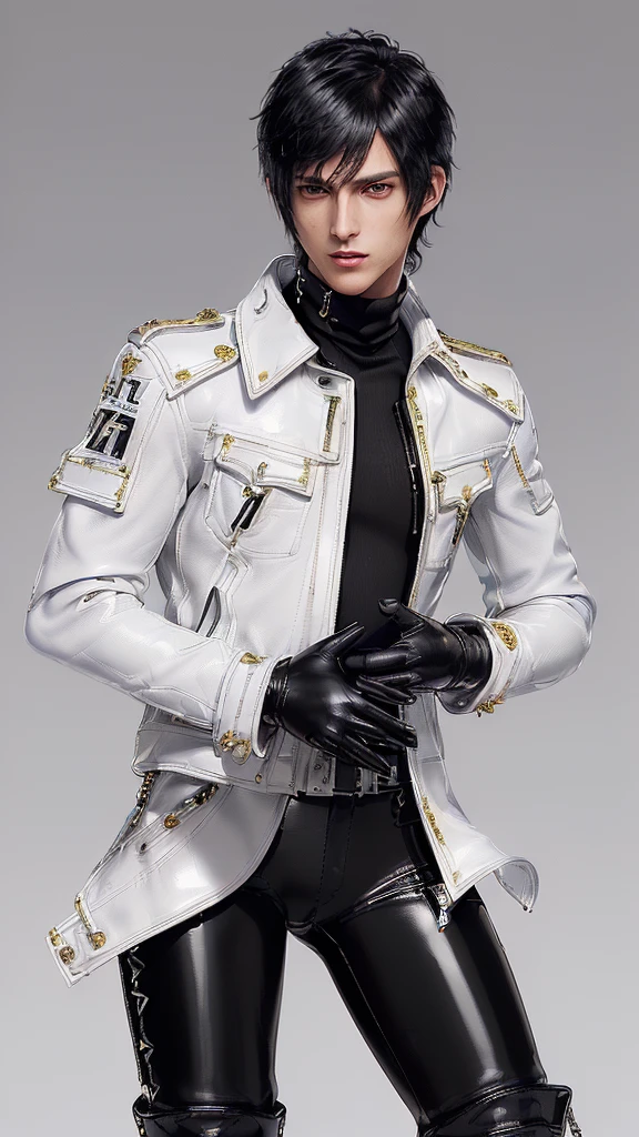 ((Final fantasy taste and reality graphics)), ((Japanese young cute and cool ikemen boy)), his age is early 20s, thin eyebrows and beady eyes, ((((he wearing white color and very shining brightly enamel leather very thick single-brest jacket)))), ((with epaulet)), ((enamel leather jacket close all zippers)),, ,(( jacket collar is very high length stand-up collar with belts)), , (((also wearing black color turtleneck very shining brightly enamel leather shirts))), (((tight black and very shining brightly enamel leather pants))), ((((very shining brightly black enamel leather tight and thin glove)))), ((black color and vety shining brightly leather knee-high raceup boots)),head-to-toe, whole body, boy looks like fashion model,Do not show skin from the neck down,(((all his clothes are smooth design and very shining))),(((Avoid adding unnecessary decorations to your clothes))),(((all clothes is simple design and appearance)))