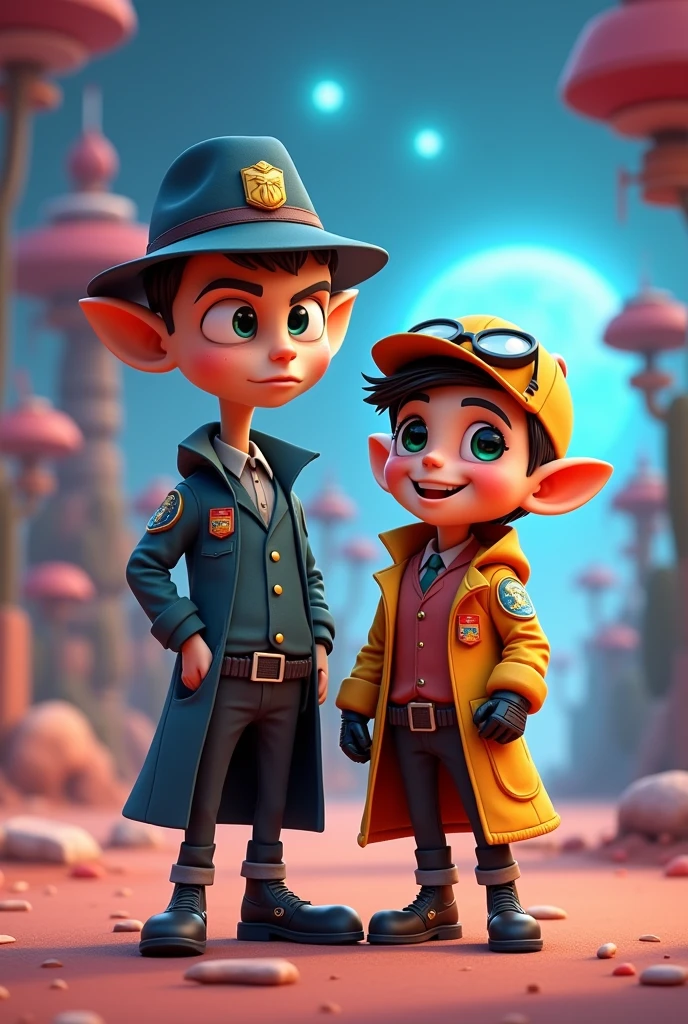 design the image of a couple of intergalactive detectives. One that seems strict, likes to do everything according to protocol, and seems quiet and mysterious. The second is an immature rookie who doesn’t mind bending rules, but has a good heart. This design has to be childish since it’s the main characters of a kids show and it’s animation in 3d 