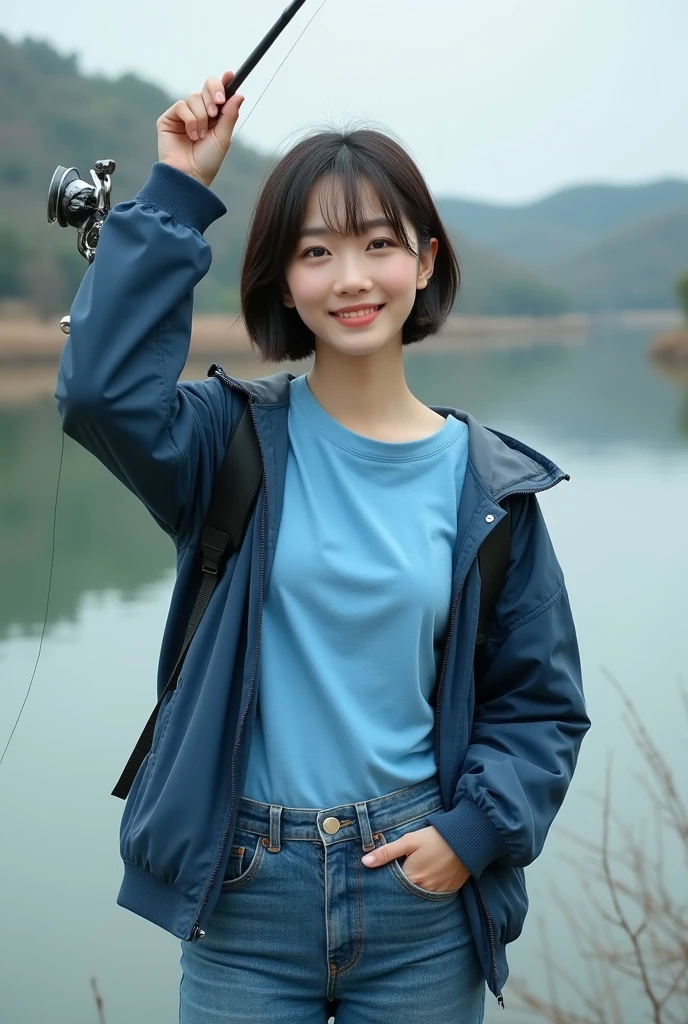 Highly realistic 8k photos, reservoir background, Hold the spinning reel with one arm raised to the side of your body and in plain view., The other hand is in the pocket, Korean woman, Wearing a blue T-shirt and a blue jacket on top, Wearing jeans, standing face to face, Looking at the camera, short hair, A little smile, Full focus