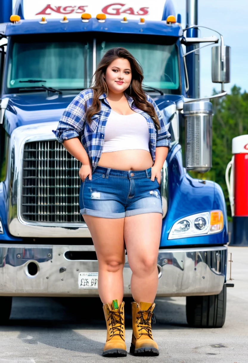 Acute woman (lovely face, a little chubby, moderate bust, big butt, flannel shirt open, blue jean shorts, work boots), posing next to her huge semi (tractor trailer, gas station parking lot
