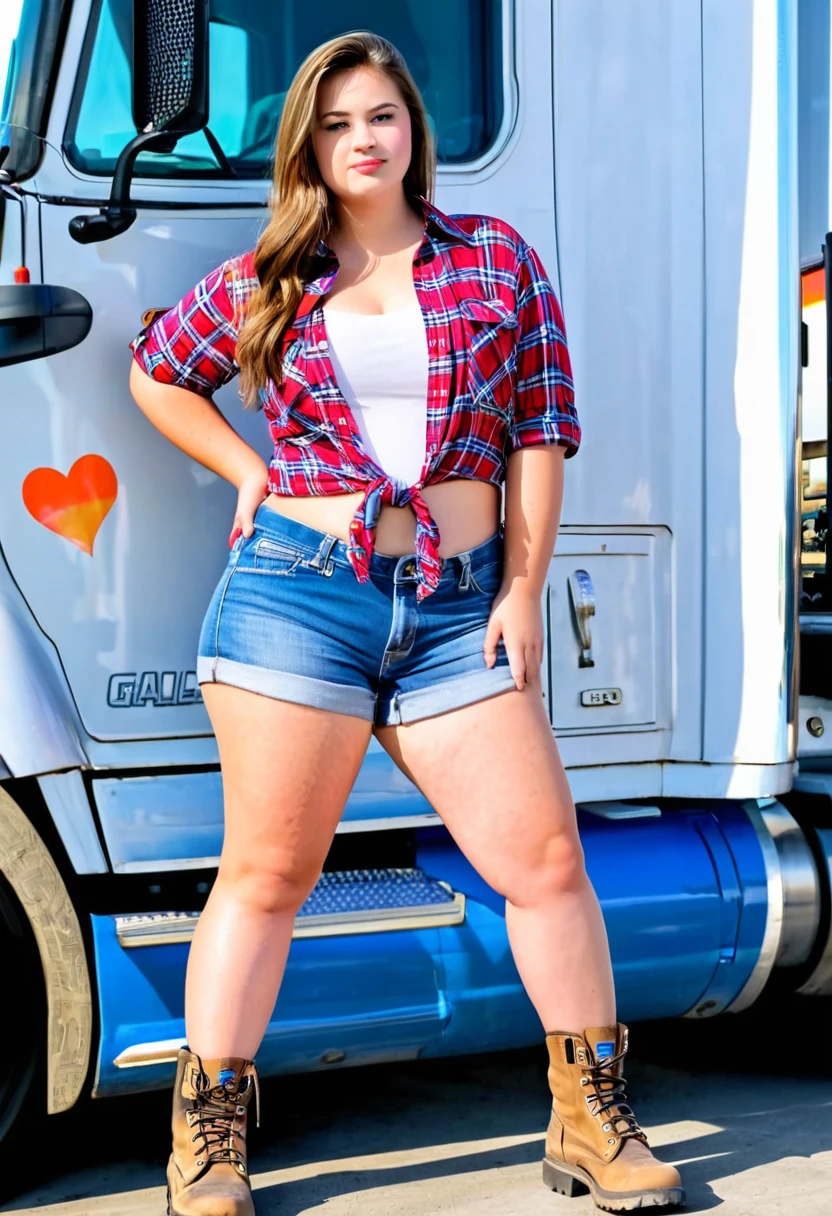 Acute woman (lovely face, a little chubby, moderate bust, big butt, flannel shirt open, blue jean shorts, work boots), posing next to her huge semi (tractor trailer, gas station parking lot
