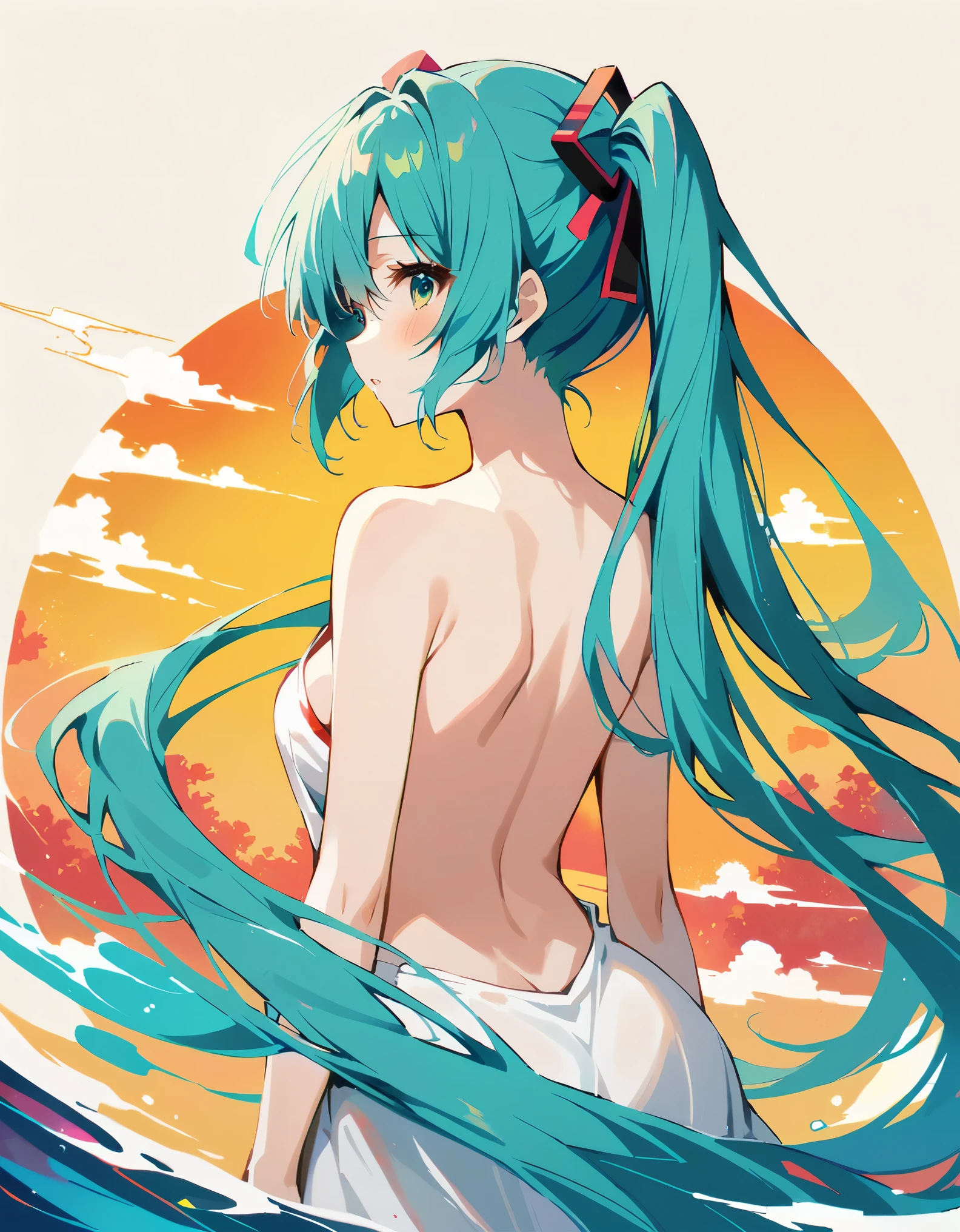 illustration, glitch art, Digital noise, hatsune miku, Deep and charming eyes, super detailed, Hatsune Miku wearing a white suit, American comic style, amazing moment,The girl in red, Back focus, flowing long black hair, Chinese painting, ink style. Four seasons, visual effects, Warm colors, Distortion-free composition, romantic, Smooth lines, flat canvas, HD textures, visual warmth, and tranquility.