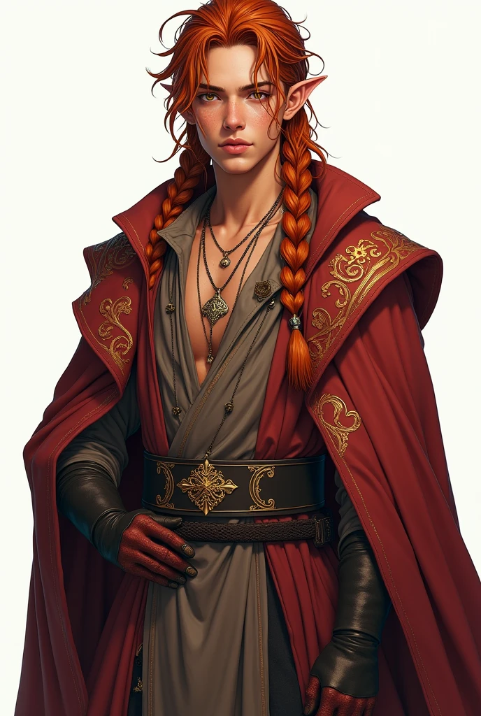 high elf, young adult, with masculine appearance inspired by kpop idol Lee Felix, do grupo Stray Kids, copper colored braided hair, with gold ornaments, golden eyes and tanned skin, freckles on the face, in wizard clothes. Standing showing the entire body and white background