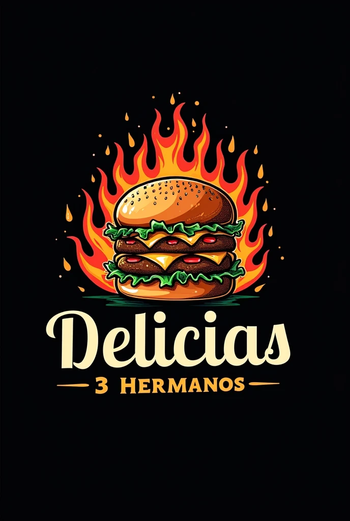 Make me a logo with a drawing of a juicy burger, with a black background and little flames and the name of delicias 3 hermanos