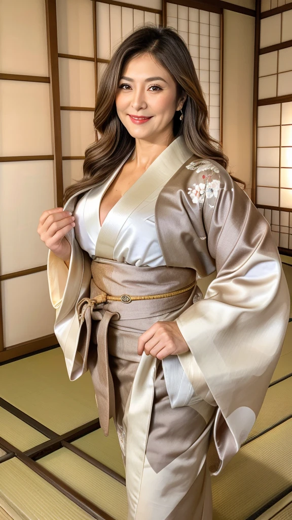 60 year old mature woman, Alone, Casual hair, Looking at the audience, (Orgasm face), Gray and white blonde hair, Brown eyes, Luxury gold jewelry, Full body, (((Looks apical kimono fashion, beautiful and sexy))), Realistic, Sexy, beautiful color, perfect skin, 3 breast sizes. (Realistic, high resolution), photo size 3:4, 1 cute sexy mature woman, expressive big brown eyes, happy, ( 8K, raw photo, Best quality, High detail, curvaceous shape, curvaceous body, full body from the tip head to toe, smile Incredible Pleasure, (((Background Typical Japanese house))),