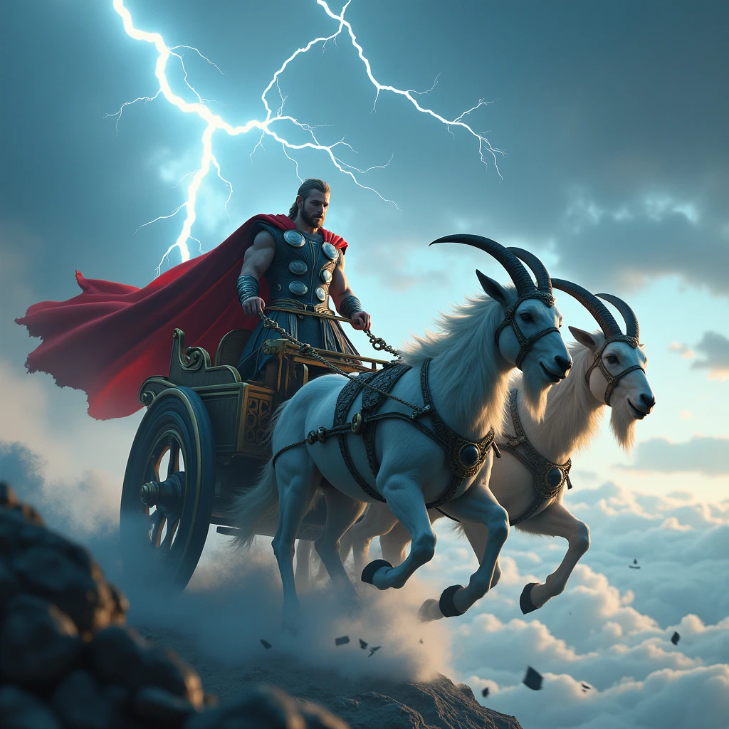 Thor riding a chariot, a god driving with two goats, Norse mythology, in ancient Viking attire, Asgard, thundering across the sky with Tanngrisnir and Tanngnjóstr pulling the chariot, with lightning striking behind, wide-angle shot, hyper-realistic, photo realism, cinematography --ar 1:1