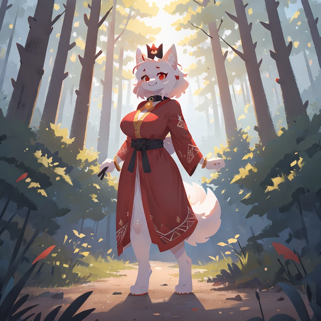 Female white and red kitsune, black crown, big breasts, big thighs, big ass, red patterns on body, 3 white fluffy tails with red tip attached to back of pelvis, Pretty red eyes, white fur tufts, wearing red and black royal robe that covers her chest and thighs and ass, smile,2d,4k,8k,detailed,hi res,absurd res, collar, in forest, happy, facing the camera, standing, bracelet on left arm, tree background, pretty, thicc, mommy, cult leader, Safe For Work, The Red Crown updn